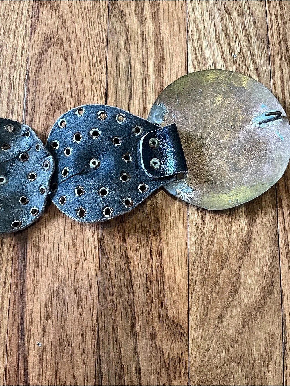 Vintage 70s 80s Moroccan Leather Grommet Disc Belt Black Western Medallion Belt - Picture 6 of 11